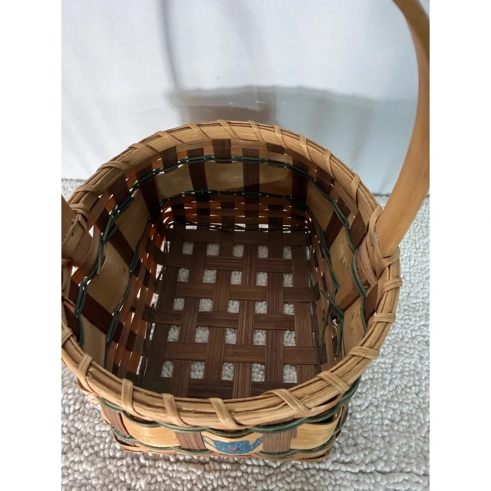 Vintage Hand Painted Woven Wood Basket Country Garden Watering Can Decor‎